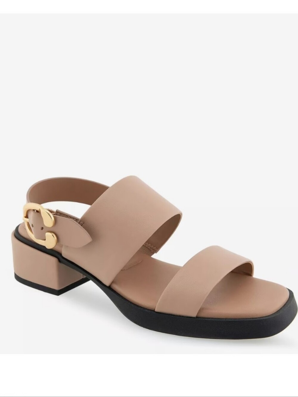NWOT AEROSOLES Dove Sandals Double-Strap Block Heel Gold Buckle Natural Beige 10